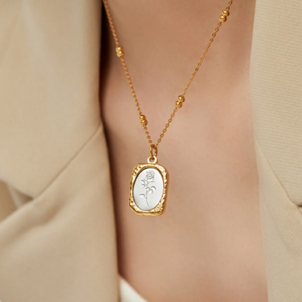 18K Gold Plated Pendant Necklace*Floral Necklace*Rose*Mirror*Bicolor Necklace